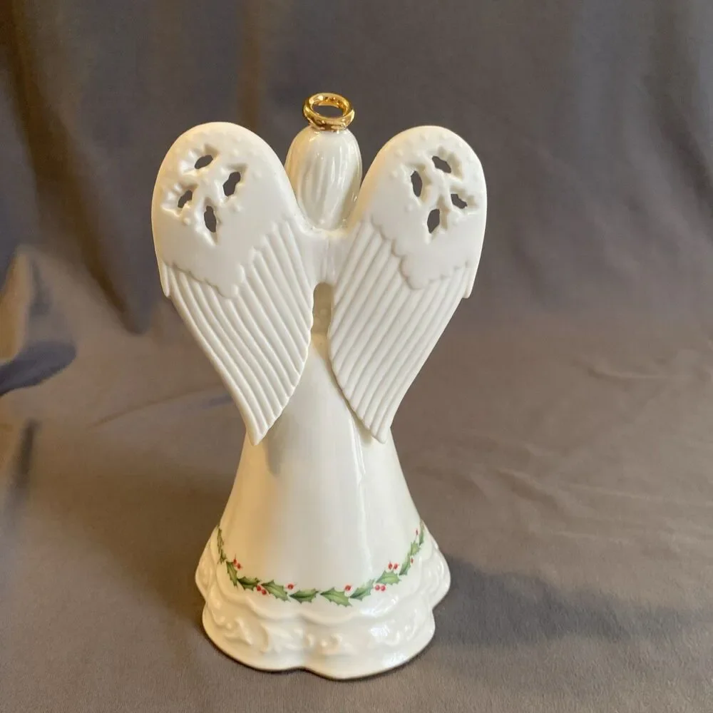 Lenox White Porcelain Christmas Praying Angel Bell Holly Berry & Gold Accent 6”